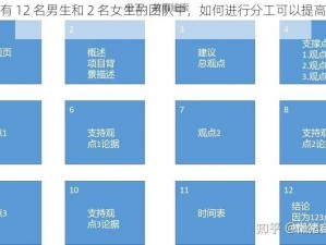 在一个有 12 名男生和 2 名女生的团队中，如何进行分工可以提高工作效率？