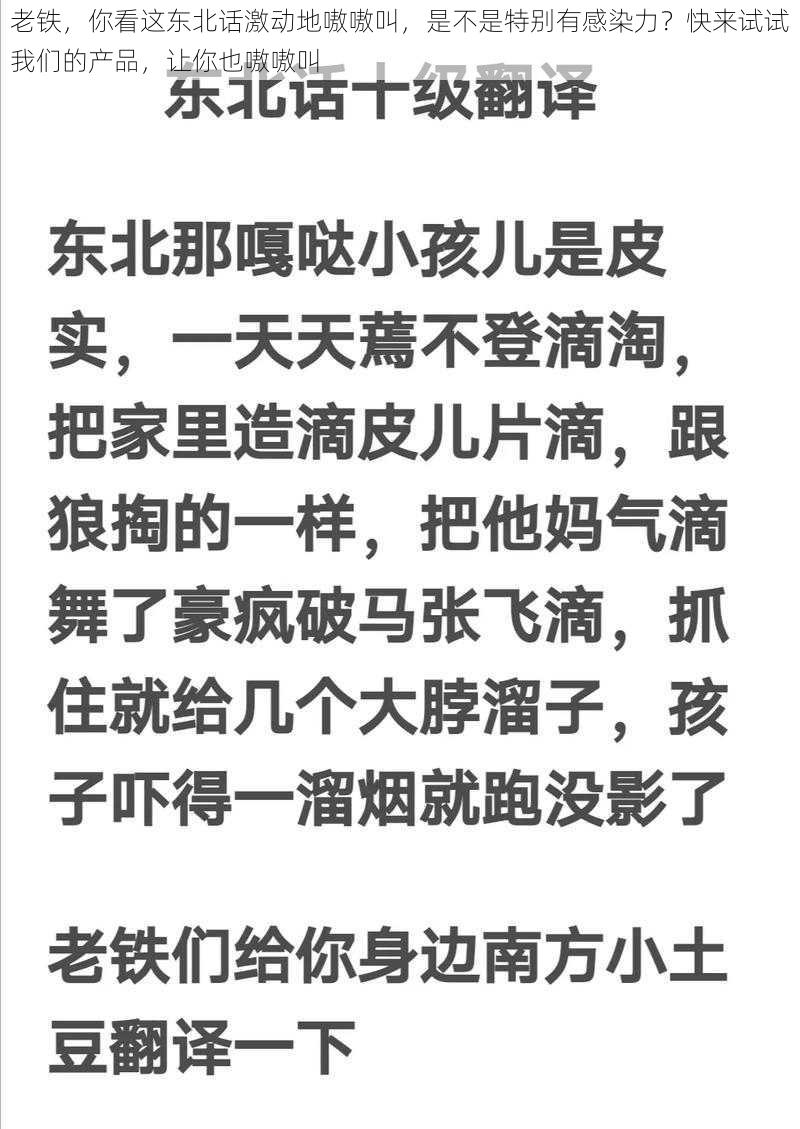 老铁，你看这东北话激动地嗷嗷叫，是不是特别有感染力？快来试试我们的产品，让你也嗷嗷叫