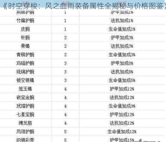 《时空穿梭：风之血雨装备属性全揭秘与价格图鉴》