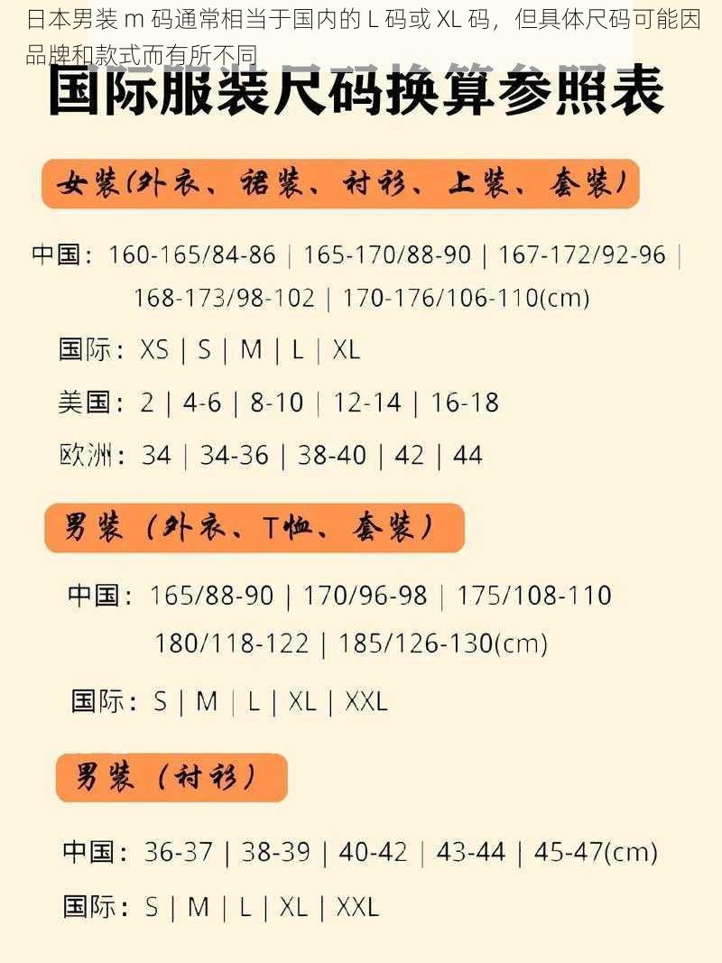 日本男装 m 码通常相当于国内的 L 码或 XL 码，但具体尺码可能因品牌和款式而有所不同