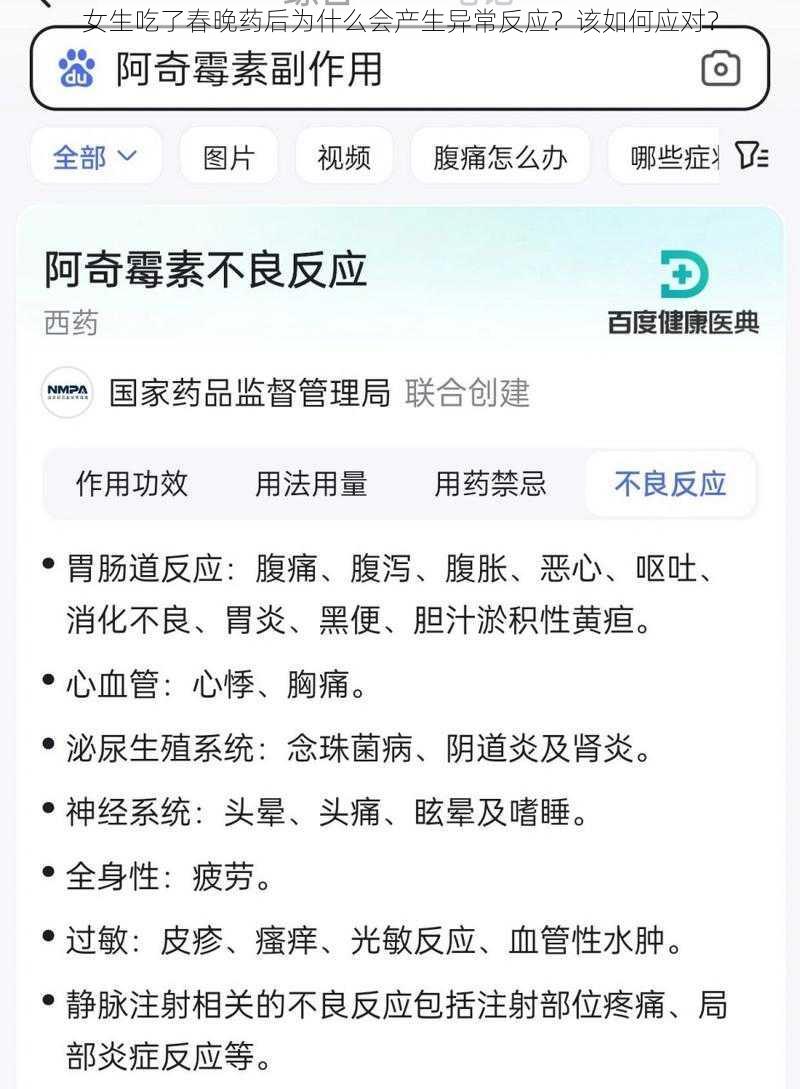 女生吃了春晚药后为什么会产生异常反应？该如何应对？